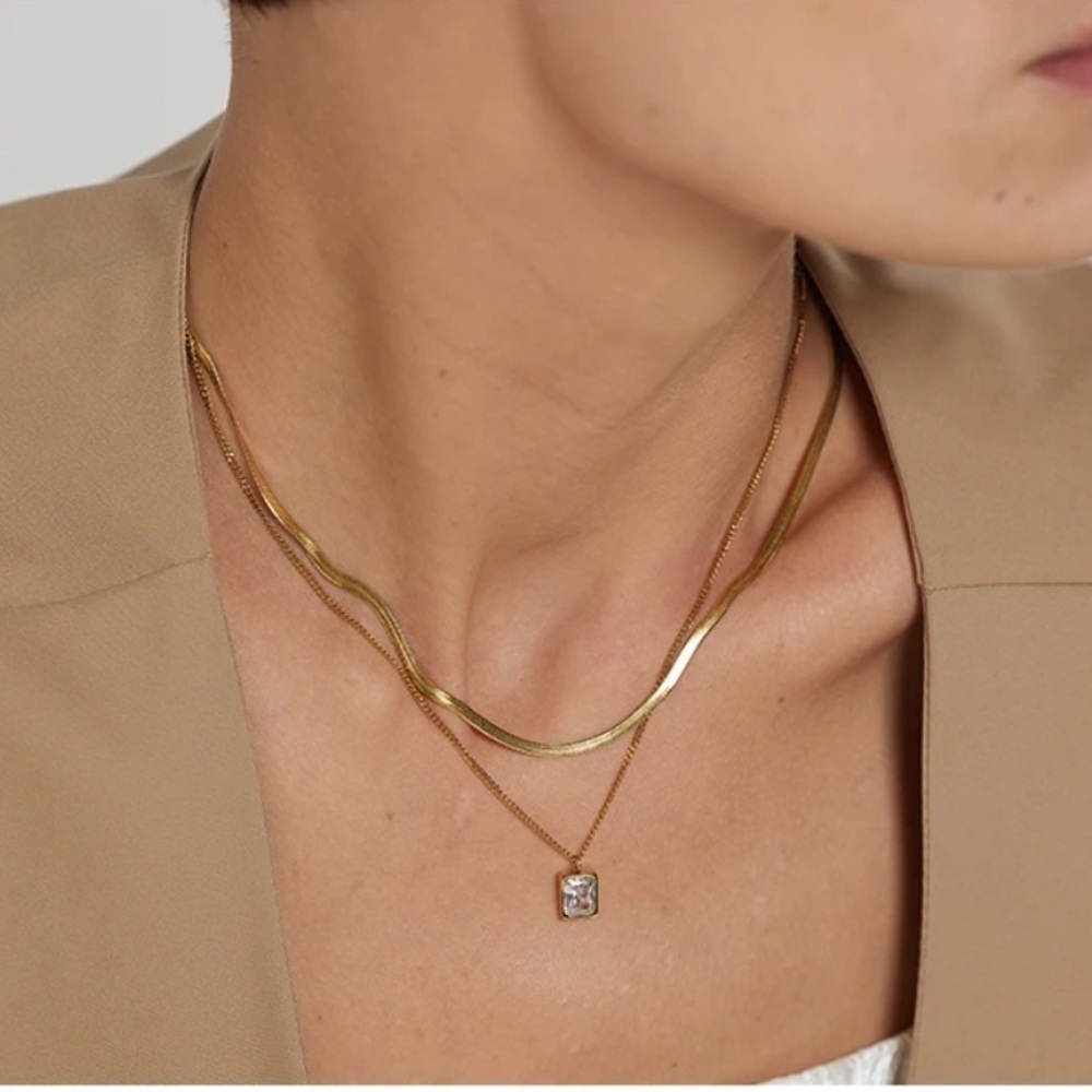 Gold Double Strand CZ Pendant Snake Herringbone Chain Necklace